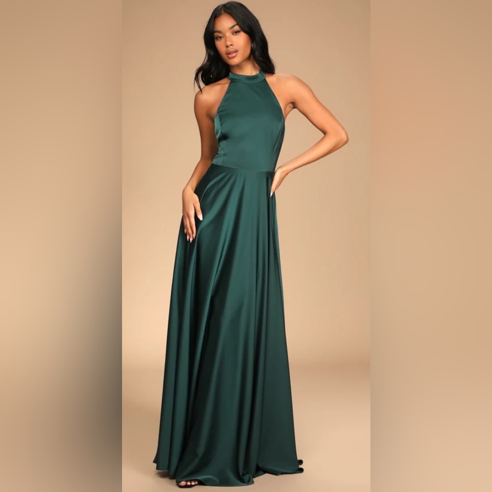 NWT Lulus Women’s Dress Emerald Green Satin Tie-Back Maxi Size L Maxi